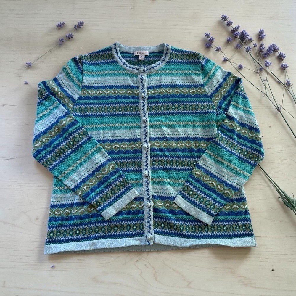 Vintage Tog Shop Fair Isle Cardigan Sweater Blue Green Cotton Knit Womens L